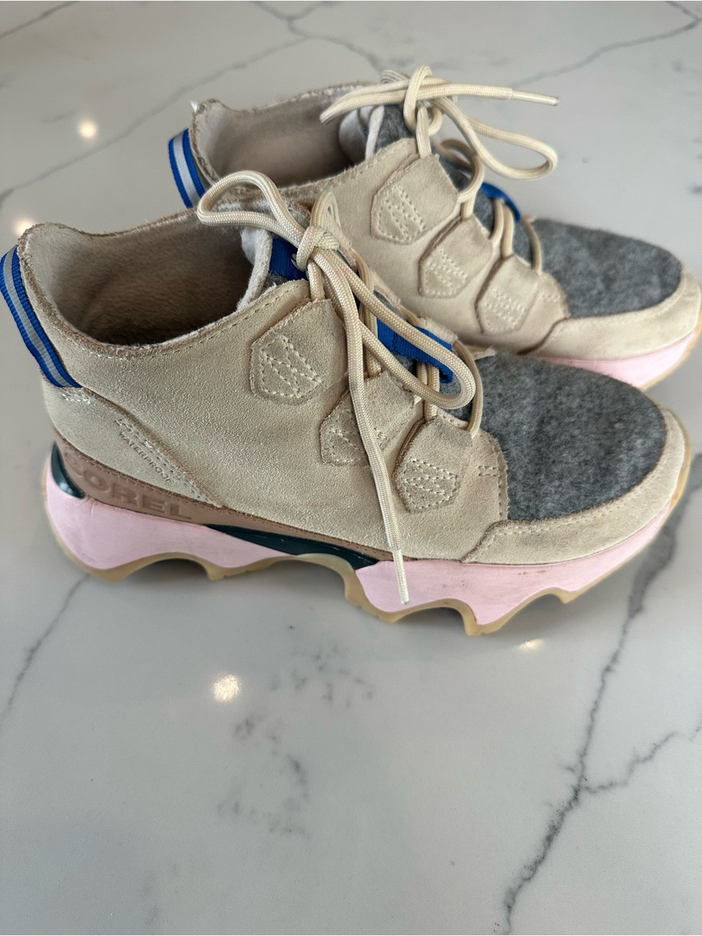 Sorel Kids Beige, Gray & Pink Suede Lace-Up Sneakers with Blue Trim